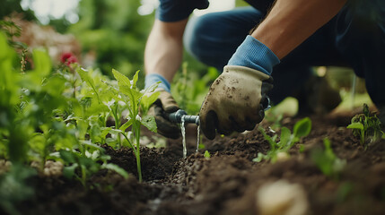 Fototapeta premium Gardener Planting Seedlings in Soil