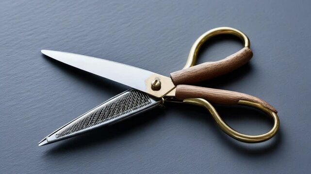 Detailed studio shot of open scissors with wood and gold handles lying on a gray background, with steel patterned blades.