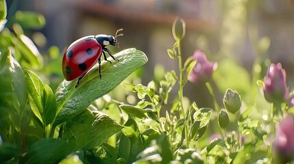 Obraz premium Vibrant Ladybug Resting on Green Leaf Among Blooming Flowers
