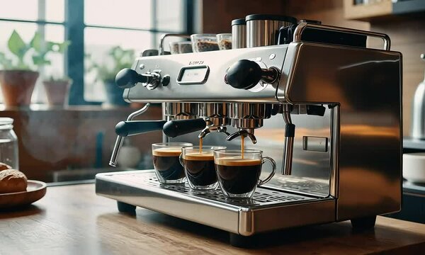 Espresso machine pouring coffee into three cups in a warm kitchen scene.