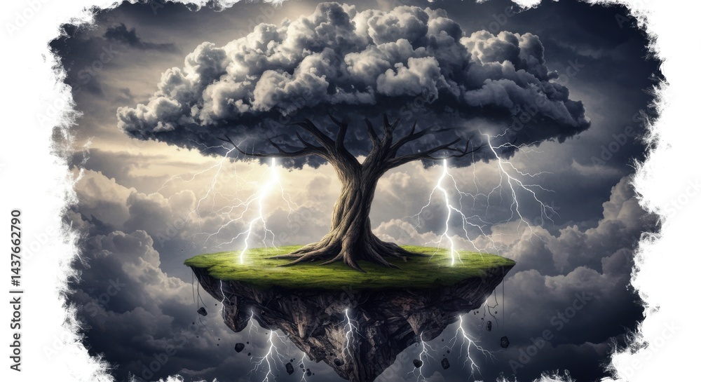 Poster a surreal image of a tree on a floating island with lightning strikes and stormy cloud coverage abov