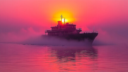 Obraz premium Sunrise ship sailing calm ocean mist pink orange travel voyage