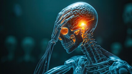 Human skeleton with visible headache, digital rendering.