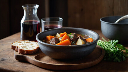 A rich beef stew with root vegetables is served in a deep, rustic pot on a wooden table. Carrots, potatoes, and chunks of tender meat are visible, with a thick, glossy broth. Fresh parsley is sprinkle