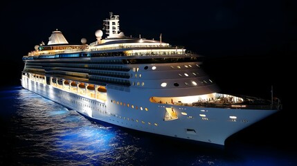 Luxurious cruise ship illuminated at night, gliding across dark ocean waters.