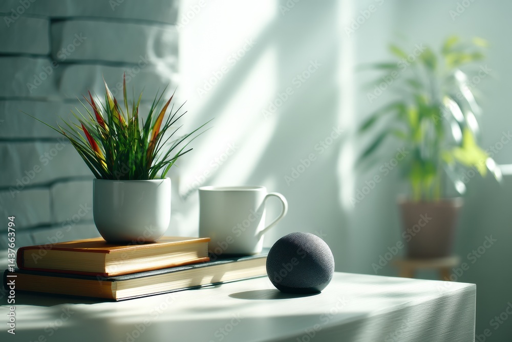 Poster Smart Voice Assistant Device Sits on a Table in a Bright Minimal Room With Green Plants and Soft Sunlight