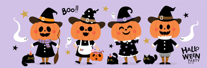 Happy halloween greeting card and banner background. Cute witch and ghost with pumpkin head and black cat. Holidays cartoon character vector