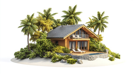 beautiful vacation home surrounded by lush greenery and palm trees, perfect for relaxation