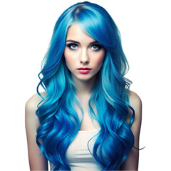 Fototapeta premium Stunning Blue Hair Model Long Wavy Hairstyle isolated on transparent background