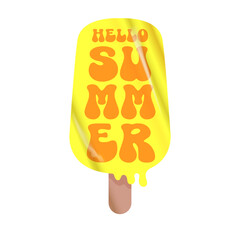 Hello summer yellow groovy aesthetic sticker with melting ice cream isolated on white. Hello summer motto sticker, tag, kids label, banner, poster, label png with quote.