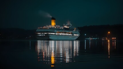 Nighttime view of a large cruise ship at anchor.