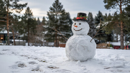 A snowman in the snowy yard is surrounded by footprints