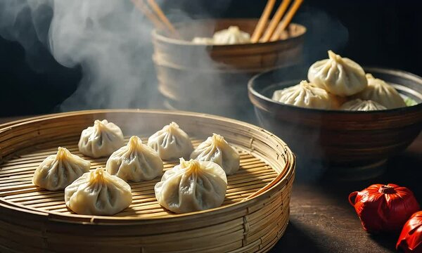 Delicious xiao long bao (soup dumplings) steaming in a bamboo basket.