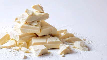 Stacked Rough Chunks of Broken White Chocolate on a White Surface