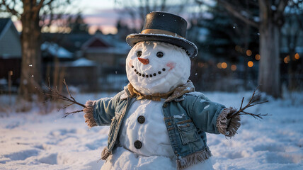 A snowman in the snowy yard wears a tattered jacket