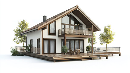 Modern vacation home with wooden deck and large windows, surrounded by greenery