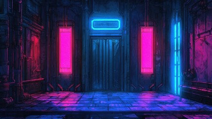 Neon-lit, industrial interior with double doors
