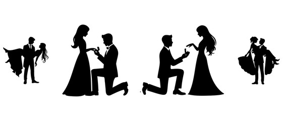 Wedding Couple, Bride And Groom Silhouette Black Filled - New Family Vector Illustration Icon.
