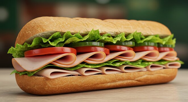 Ultra HD, hyper-realistic, 32K pixels, cinematic Subway footlong sandwich diagonally cut revealing layers of fresh veggies and turkey under deli counter lighting.