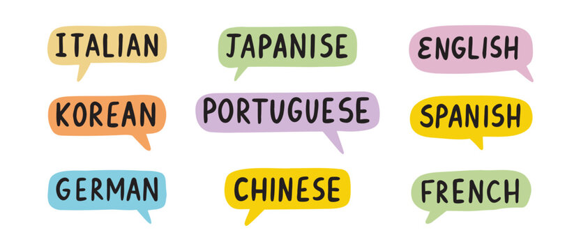 English, Chinese, German Learn new language. French, Italian, Spanish lettering doodle hand drawn text. Japanese, Portuguese, Korean speech bubble set.