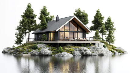 Obraz premium serene vacation home surrounded by trees and water, perfect for relaxation and occasional stays