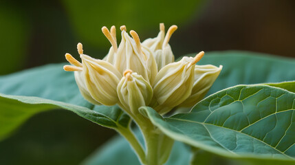 A close up of green leaves with a few small green flowers