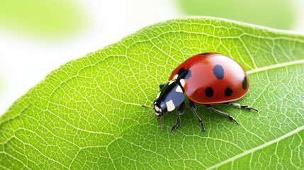 Fototapeta premium Close-Up of Vibrant Ladybug on Green Leaf in Natural Setting