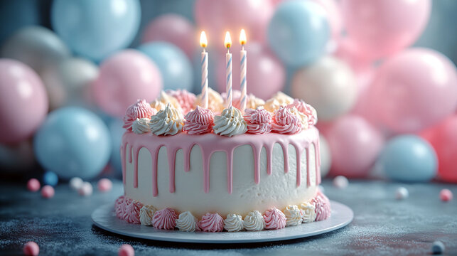 Birthday cake with pink and white frosting, drizzled frosting, and candles, surrounded by pastel balloons.