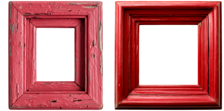 Two distinct vintage red frames are displayed side by side, featuring different textures and finishes, perfect for showcasing artwork or photos creatively