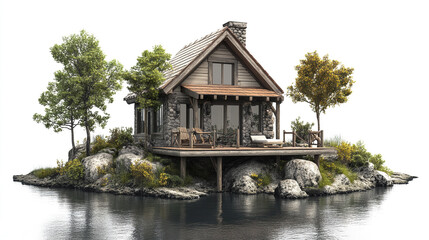 Obraz premium cozy vacation home surrounded by nature, featuring wooden structure and serene lake view