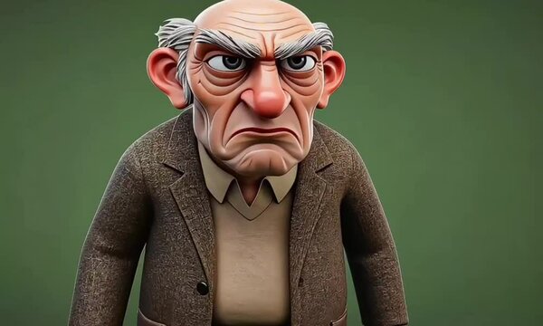 Grumpy 3D Animated Old Man Portrait, Brown Jacket, Green Background