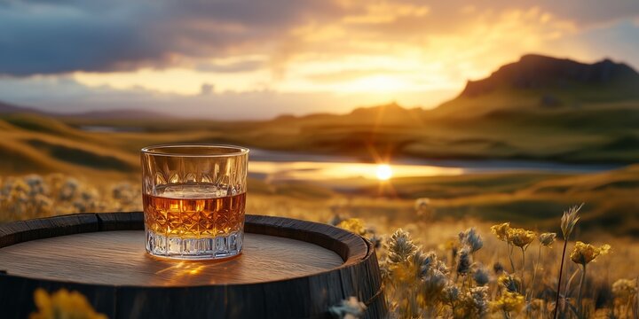 Glass of whisky on wooden barrel surrounded by wildflowers at sunset. Whisky festival, nature and tranquility concept