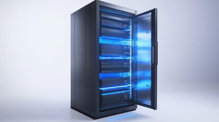 Modern Data Server Rack with Open Door and Blue LED Lights for Technology Backgrounds