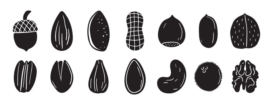 nuts silhouettes set. doodle hand drawn nuts design. black color