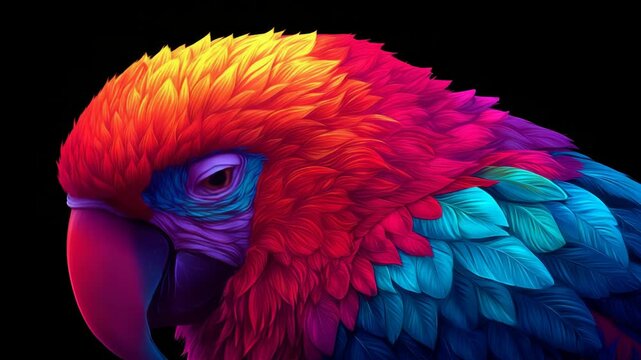 Vibrant and Colorful Parrot Illustration Close-Up on Black Background, Artful and Detailed