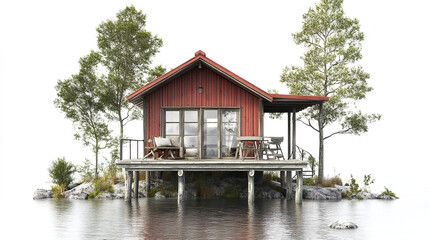 Obraz premium charming vacation home on stilts surrounded by water and trees, perfect for relaxation