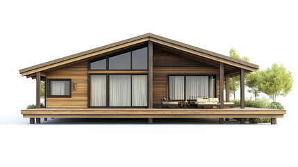 Modern wooden vacation home with large windows and spacious deck, perfect for relaxation