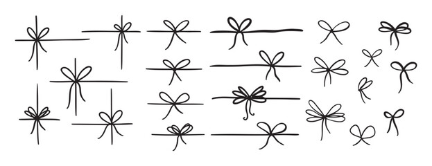 Bow gift ribbon hand drawing line element set. Outline drawing ribbon bow line clipart symbol