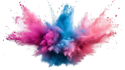 Colorful rainbow powder explosion on a transparent background. A burst of colorful powder creates a beautiful, vivid display against a bright white background, abstract watercolor background