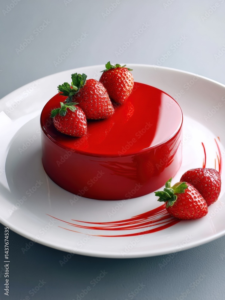 Poster mousse cake adorned with strawberries and glossy mirror glaze on minimal plate setting