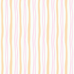 Seamless vertical wavy stripe pattern in yellow, pink and white. Hand-drawn striped geometric background. Surface design element. Summer vector design for wallpaper, textile, banner, greeting card.