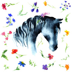 Watercolor or ink hand drawn horse head with wild flowers on white. Hand painting beauty romantic Japanese style vector silhouette.