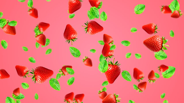strawberry and mint leaf falling on red background , mojito cold fresh summer drink and cosmetics background