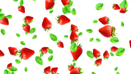 strawberry and mint leaf falling isolated on transparent background , png mojito cold fresh summer drink and cosmetics design element