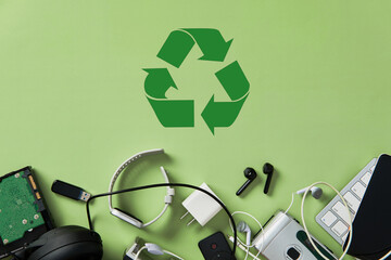 Assorted electronic waste and obsolete gadgets clustered below a prominent green recycling symbol...