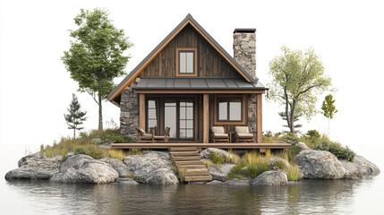Fototapeta premium cozy vacation home surrounded by water, featuring rustic design with stone and wood elements