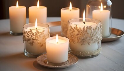 Group of lit candles of various sizes and designs on a white surface creating a warm ambiance