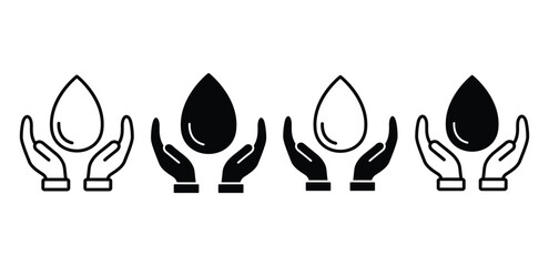 Water Care Icon Black and White Hands Protecting Drops Vector Design Illustration