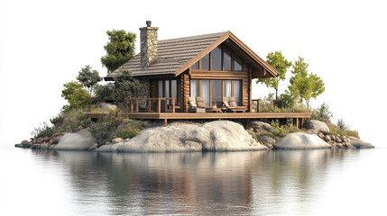 Obraz premium cozy wooden cabin on rocky island surrounded by calm water, perfect for relaxation