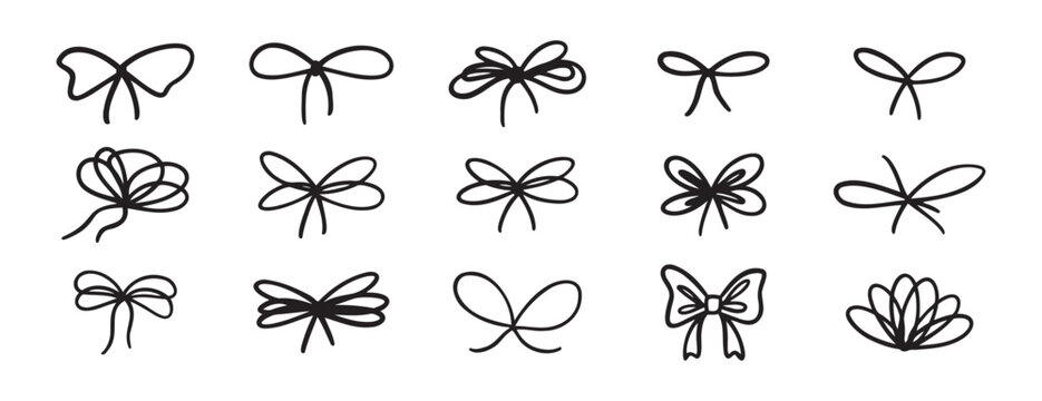 Crayon bow gift ribbons. Bowknot for planner diary, package or letter. Bow line stroke clipart grunge style. Vector chalk bows element set